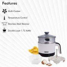 Geepas 1000W Multifunctional 1.7 L Double Layer Kettle - 3-in-1 Cordless Kettle, Steamer and Egg Boiler - Black