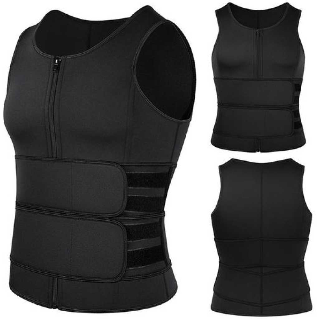 Men Waist Trainer Zipper Sweat Suit Tank Top Workout Trimmer Sauna Vest -Black