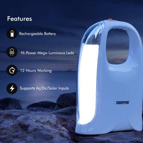 Geepas GE5596 Rechargeable LED Lantern - Emergency Lantern with Portable Handle - 40 Mega Luminous Hi-Power LEDs, 12 Hours Working - AC/DC/Solar Inputs - Very Suitable for Power Outages - 2 Year Warranty