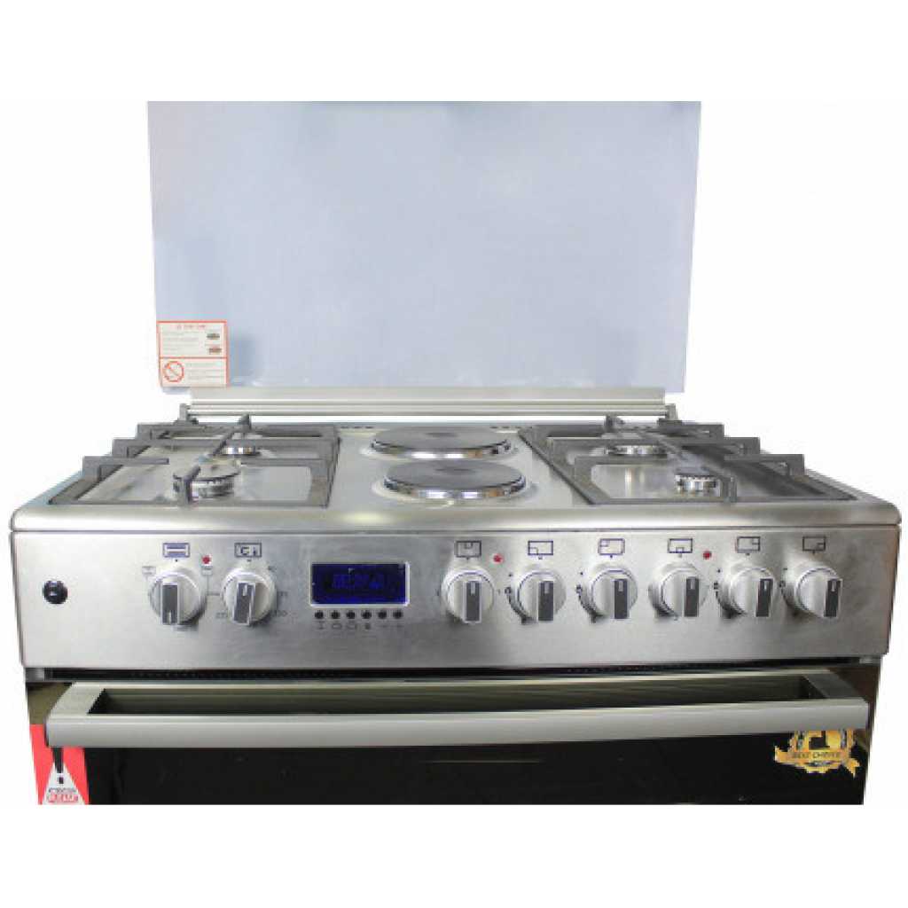 BlueFlame 90x60cm Cooker E9042ERF; 4 Gas Burners + 2 Electric Hotplates, Auto Ignition, Thermostat, Electric Oven & Grill, Oven Fan, Oven Lamp, Rotisserie, Digital Timer, Cast Iron Pan Supports, Glass Lid - Inox