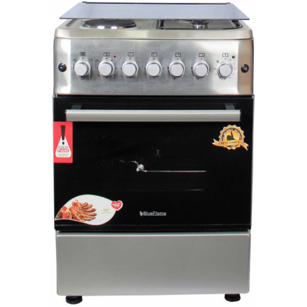 BlueFlame Cooker 60x60cm, 2 Gas Burners And 2 Electric Plates; S6022ERF – IP With Electric Oven& Grill, Auto Ignition, Rotisserie, Oven Lamp  - Inox