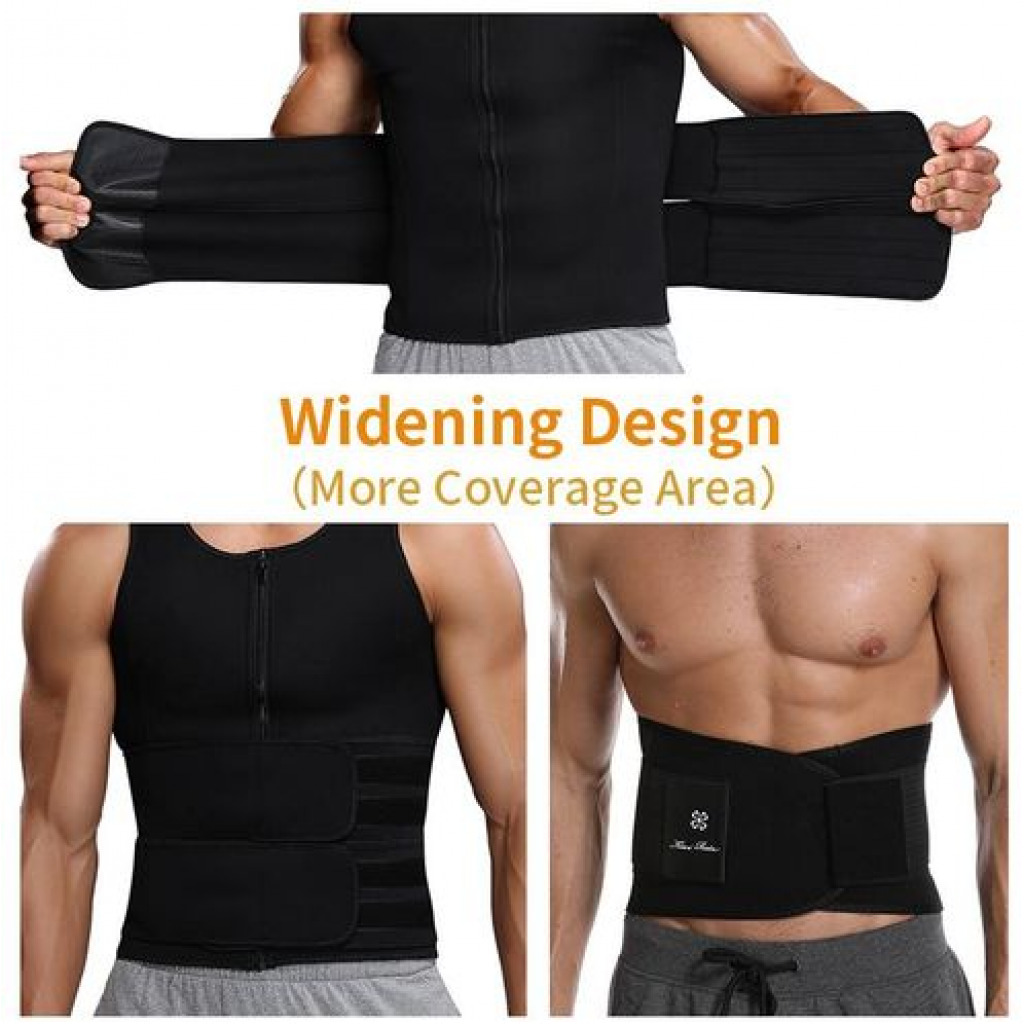 Men Waist Trainer Zipper Sweat Suit Tank Top Workout Trimmer Sauna Vest -Black