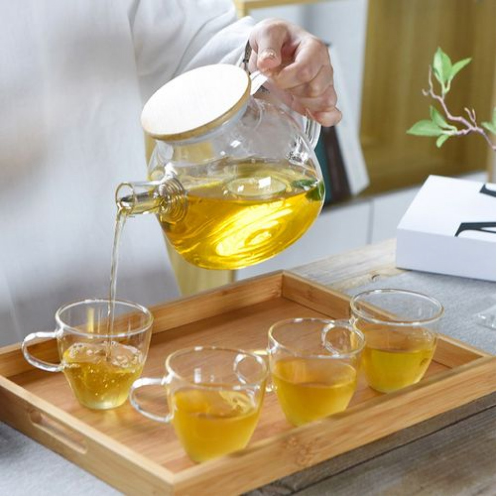 1000ml Glass Teapot Kettle With Whistle Infuser & Bamboo Lid- Clear