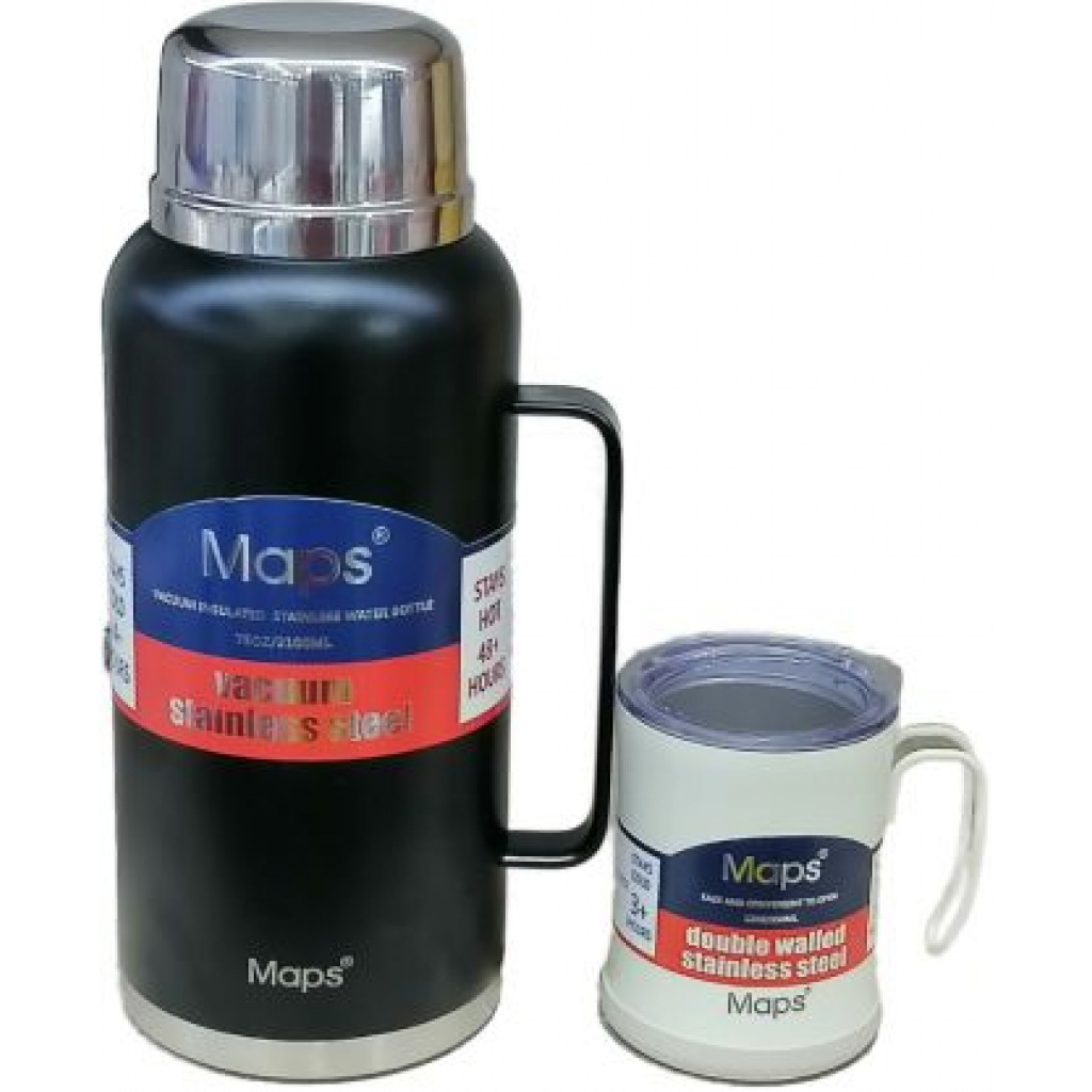 Maps 2100ml Vacuum Flask Desk Cup Outdoor Thermos Portable Bottle Gift Set- Blue