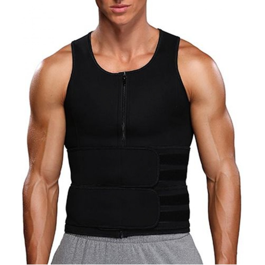 Men Waist Trainer Zipper Sweat Suit Tank Top Workout Trimmer Sauna Vest -Black