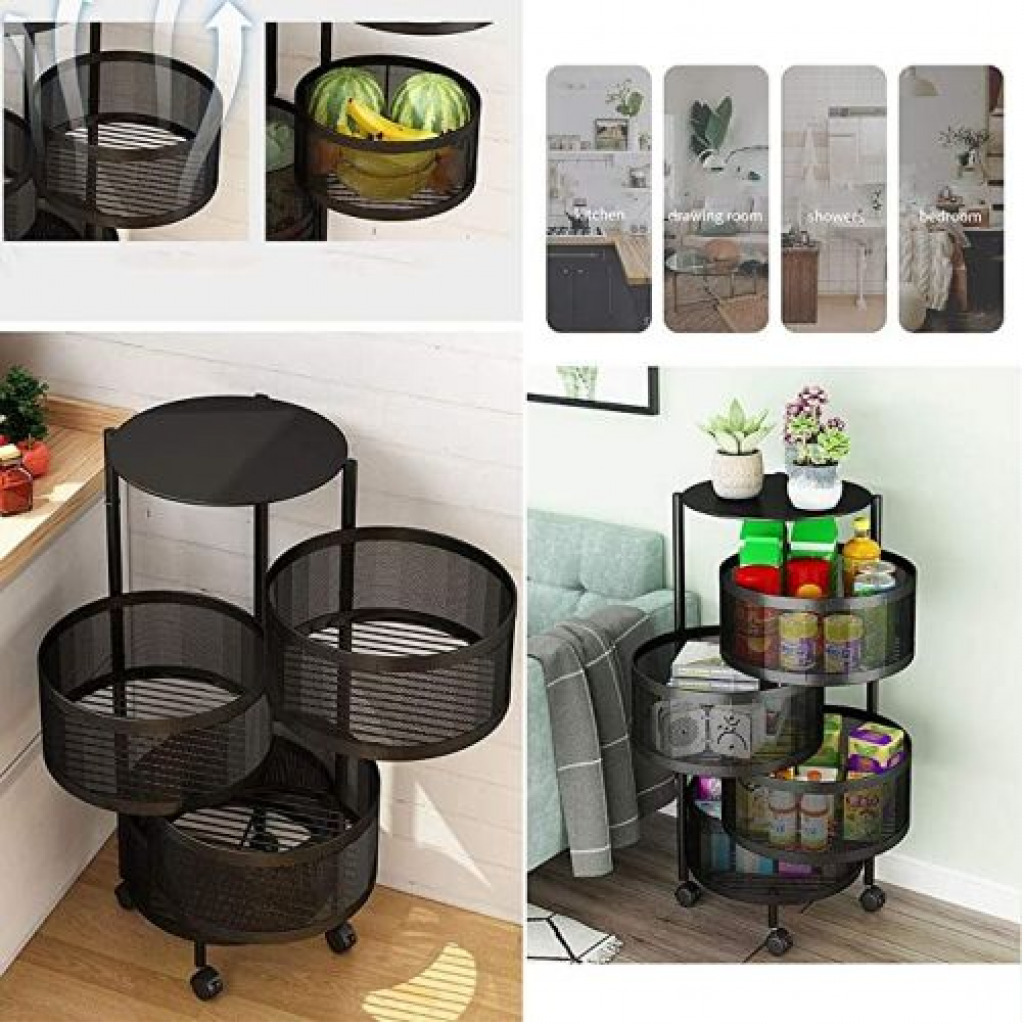 3 Tier Kitchen, Bedroom, Bathroom Storage Rack Basket Trolley Organizer-Black