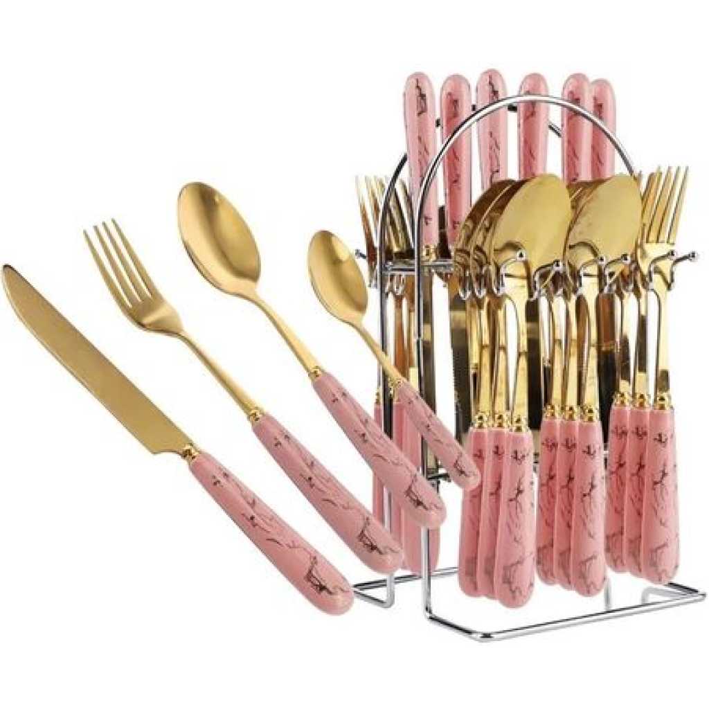 24pcs Gold Cutlery (Forks,Spoons& Knieves) With Stand- Multi-colours