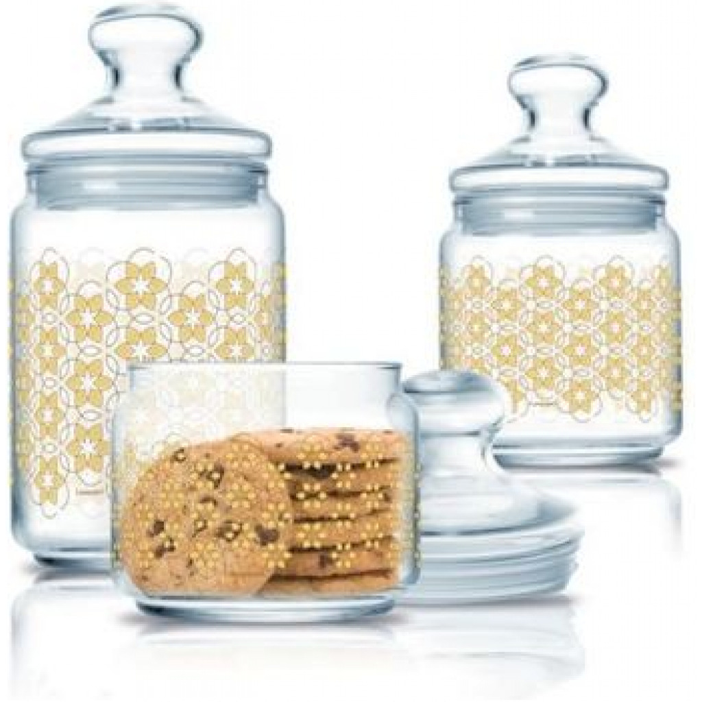 Luminarc 3 Pc Golden Flower Maze Sugar Bowl, Food Storage Jar Container Set, Colourless.