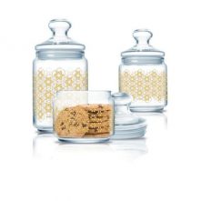 Luminarc 3 Pc Golden Flower Maze Sugar Bowl, Food Storage Jar Container Set, Colourless.