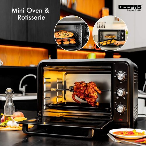 Geepas 42L GO4450 Mini Oven & Rotisserie – Electric Oven 2000W & 60 Minutes Timer – Grill Function & 6 Selectors for Baking, Roasting & Grilling - Accessories Included – 2 Years Warranty