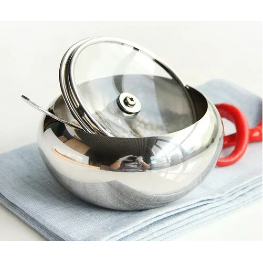 Steel Sugar Bowl With Spoon and Glass Lid Container Jar Condiment Pot - Silver