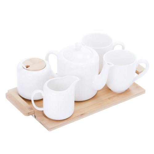RoyalFord RF9239 6PCS Porcelain Tea Set – Includes 2 Tea Cups, 1 Teapot, 1 Canister, 1 Milk/Cream Pot & Wooden Stand with Handles for Easy Carry