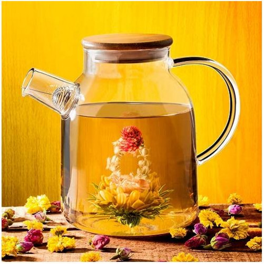 1800ml Glass Teapot Kettle With Whistle Infuser & Bamboo Lid- Clear