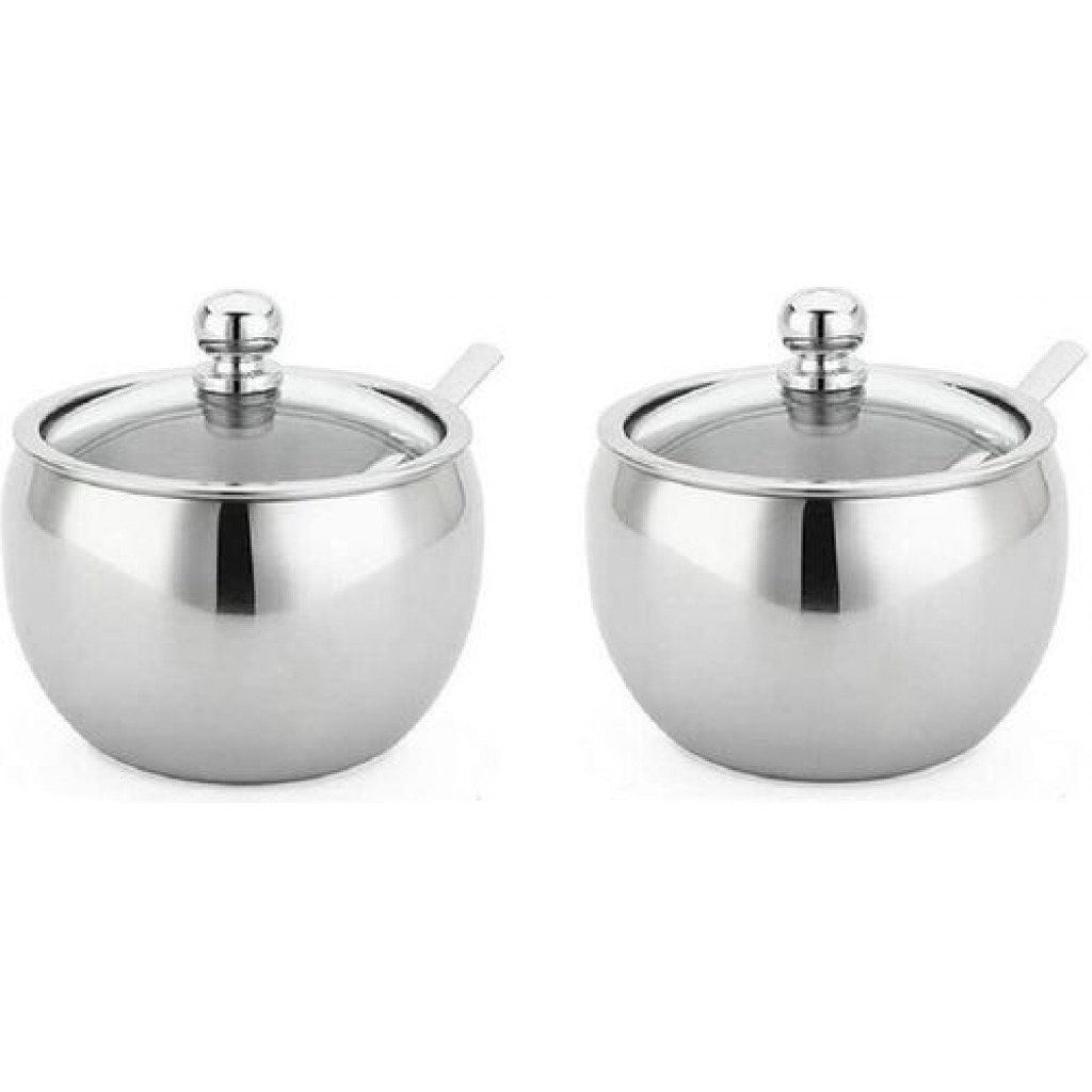 Steel Sugar Bowl With Spoon and Glass Lid Container Jar Condiment Pot – Silver Food Savers & Storage Containers TilyExpress 6