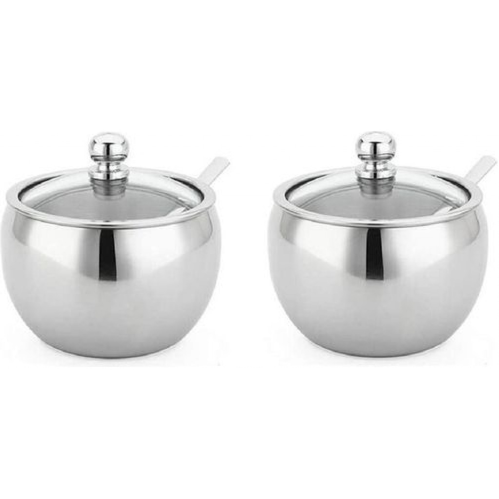 Steel Sugar Bowl With Spoon and Glass Lid Container Jar Condiment Pot - Silver