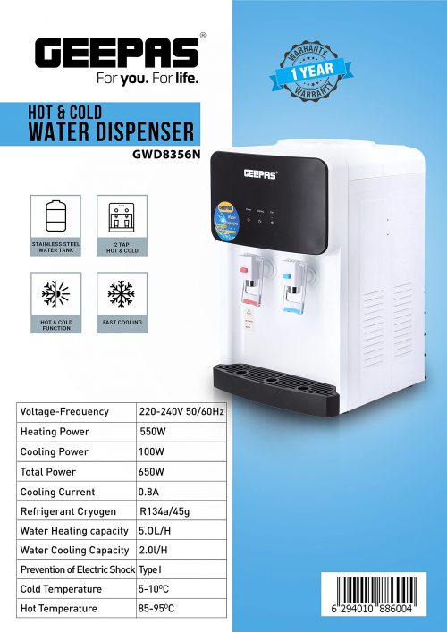 Geepas GWD8356 Table Top Water Dispenser Hot and Cold, White