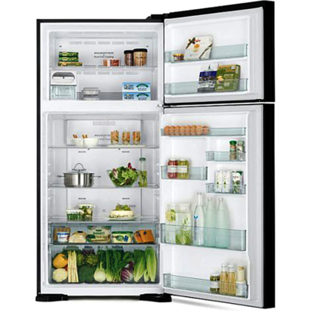 Hitachi 600-liter Double Door Refrigerator with Inverter Compressor, Brilliant Black – RV750PUN7KBBK; Frost Free Top Mount Freezer, Dual Fan Cooling