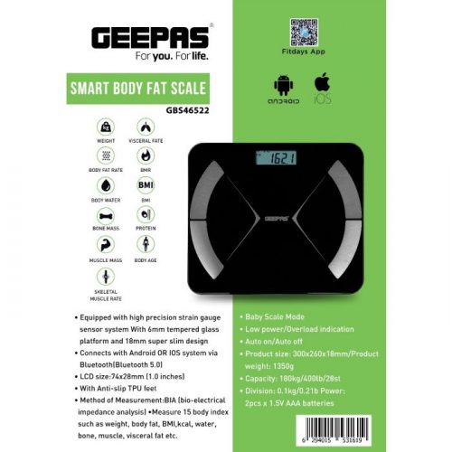 Geepas GBS46522 Smart Body Fat Scale - Portable Lightweight Bluetooth 5.0 With Led Display