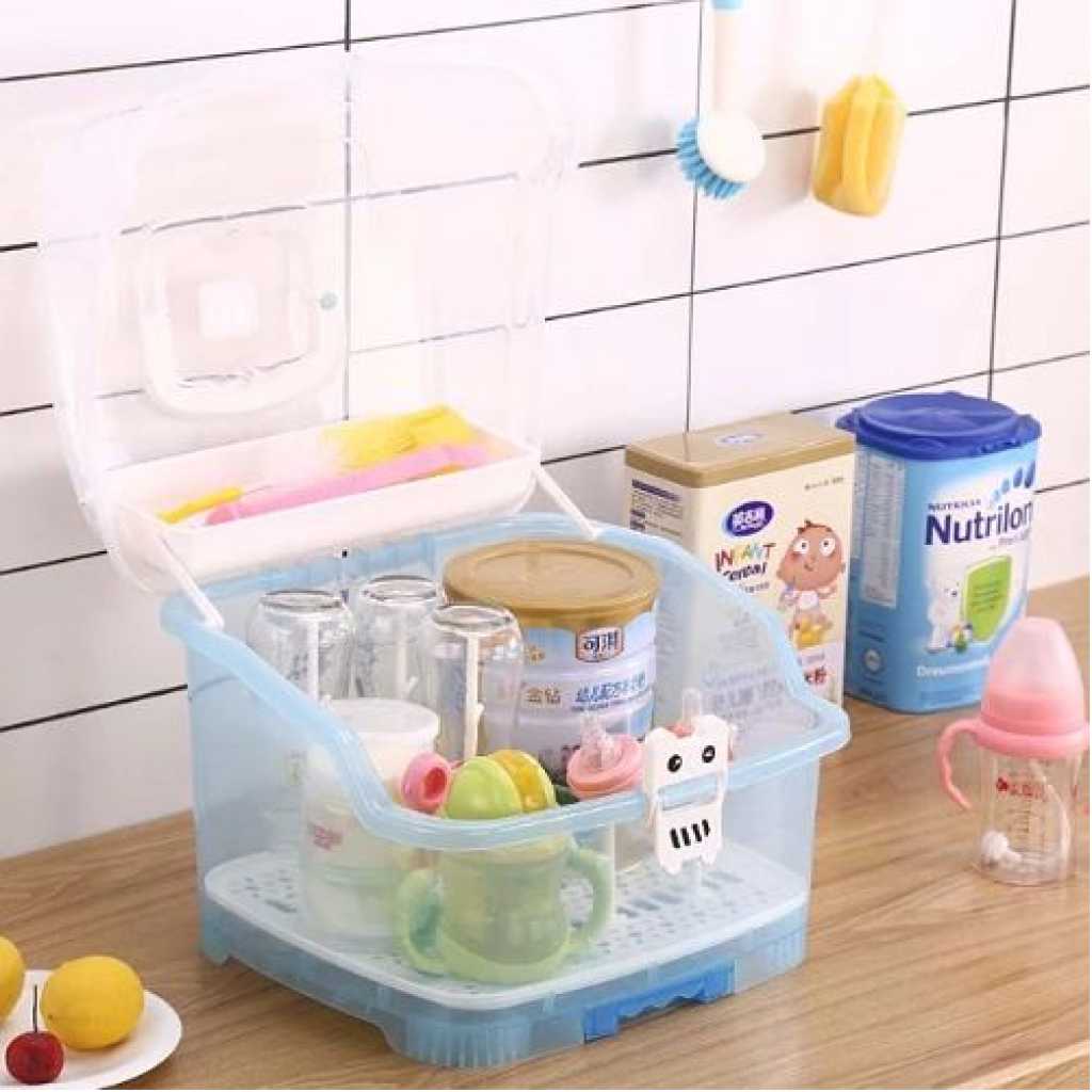 Portable Baby Bottle Drying Rack Storage Box With Anti-dust Cover, Blue