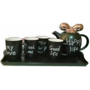 4 Pieces Of Tea Coffee Cups, Teapot And Tray Set- Black Cups Mugs & Saucers TilyExpress 2