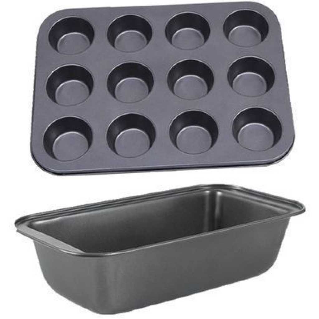 Bread Baking Pan And Cupcake Baking Tray Set - Black