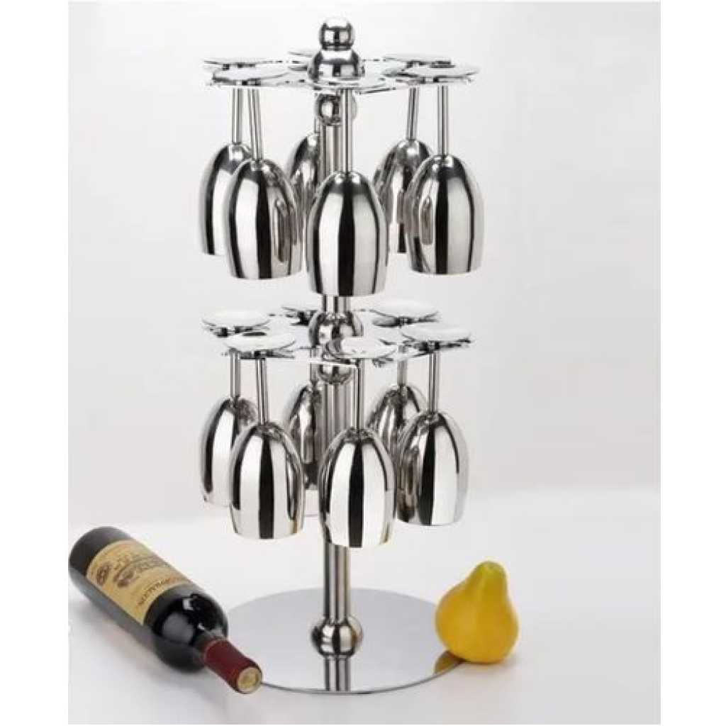 Countertop Rotating 12 Wine Glass Cup Holder Drying Rack Stand Storage -Silver