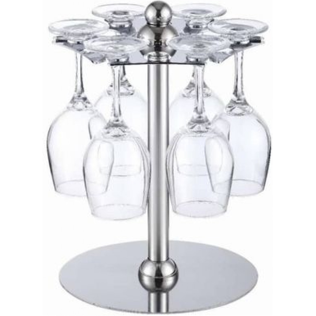 Countertop Rotating 6 Wine Glass Cup Holder Drying Rack Stand Storage -Silver