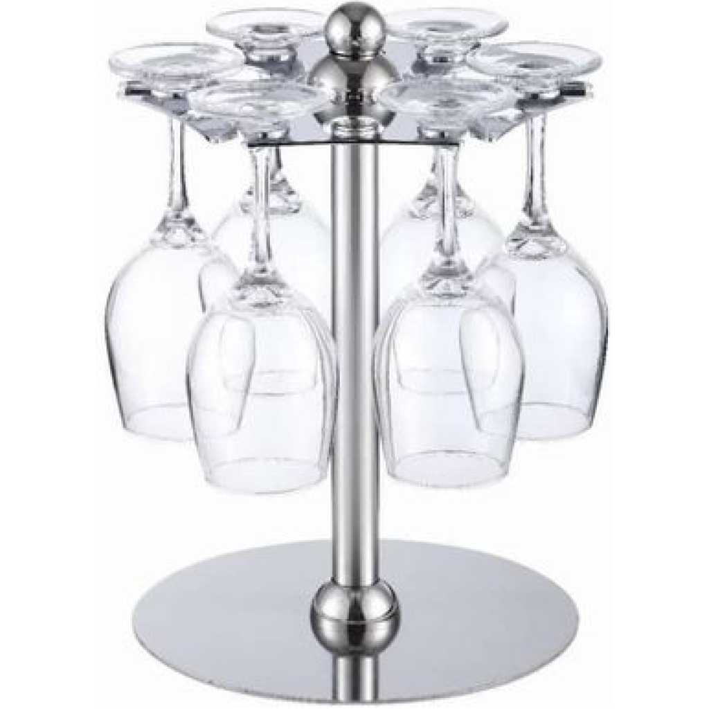 Countertop Rotating 6 Wine Glass Cup Holder Drying Rack Stand Storage -Silver