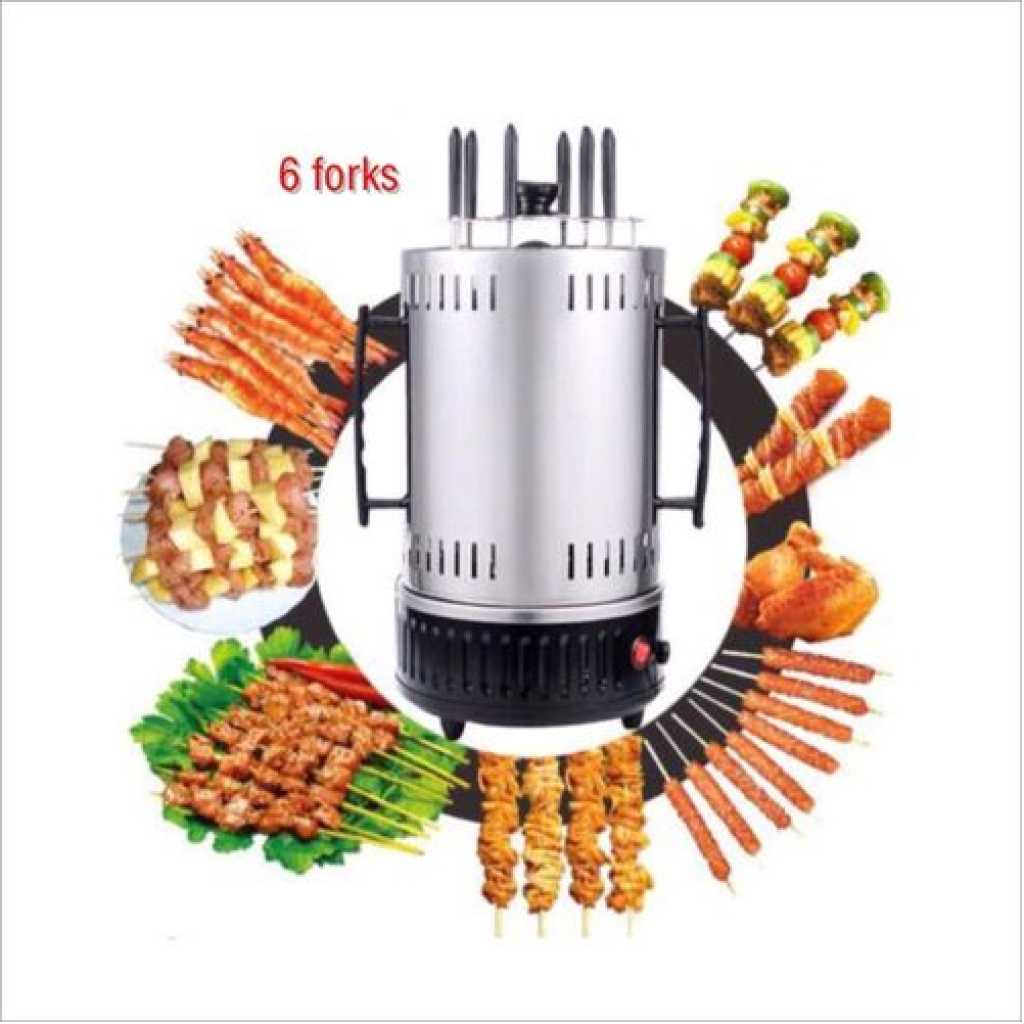 Electric Meat Vegetable Barbecue Kebab Machine Maker - 6 Forks, Silver