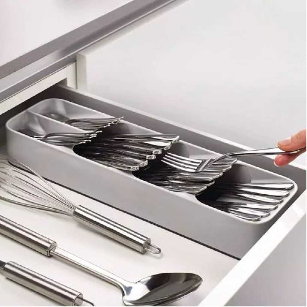 Drawer Store Kitchen Cutlery Knife Fork Spoon Drawer Storage Organizer Tray- Grey