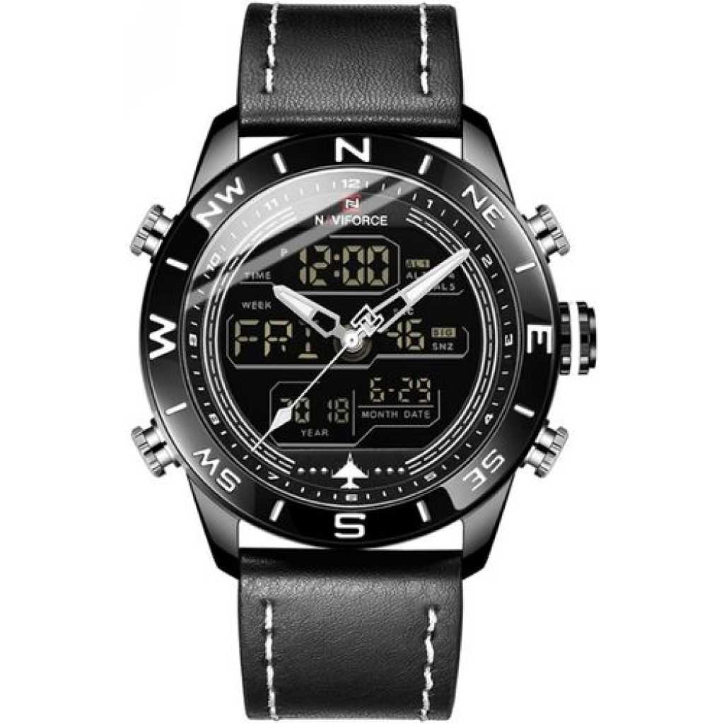 Naviforce Leather Strapped Digital And Analog Watch - Black