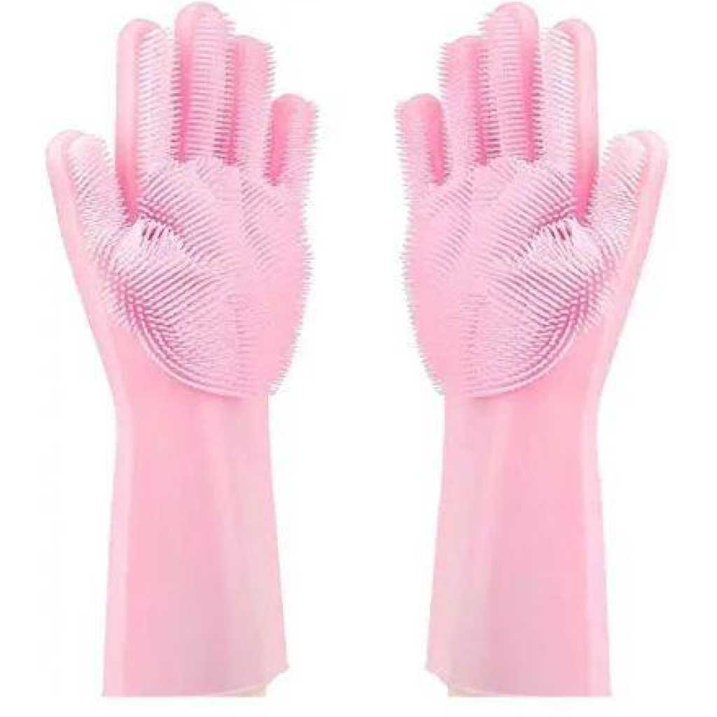 1 Pair Of Bathroom And Kitchen Silicone Cleaning Hand Gloves -Pink