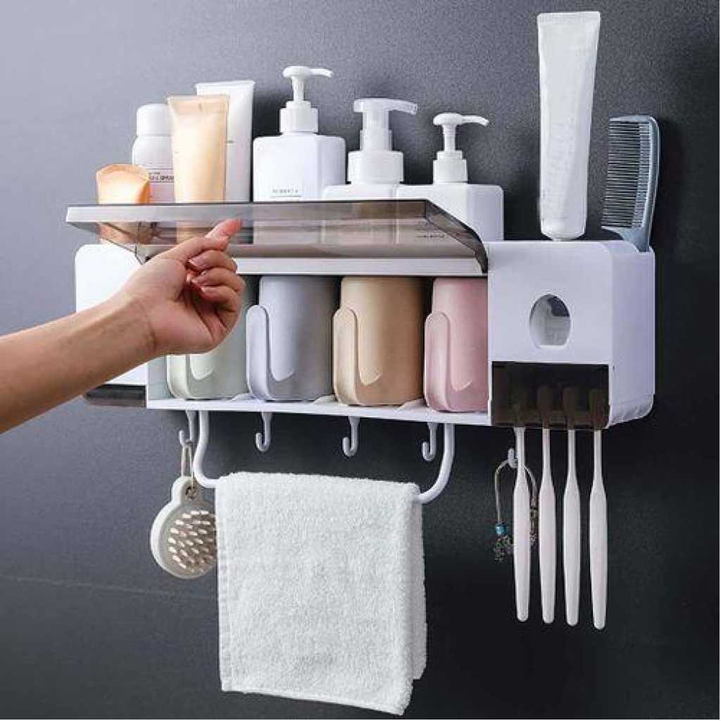 4 Cup Wall-Mounted Toothpaste Dispenser, Toothbrush Organizer, Towel Rack-White Toothbrush Holders TilyExpress