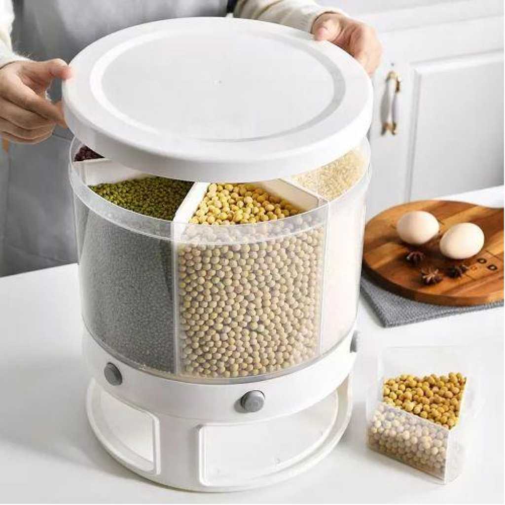 Rotating Food Storage Rice Bucket Cereal Dispenser Container Organizer -White