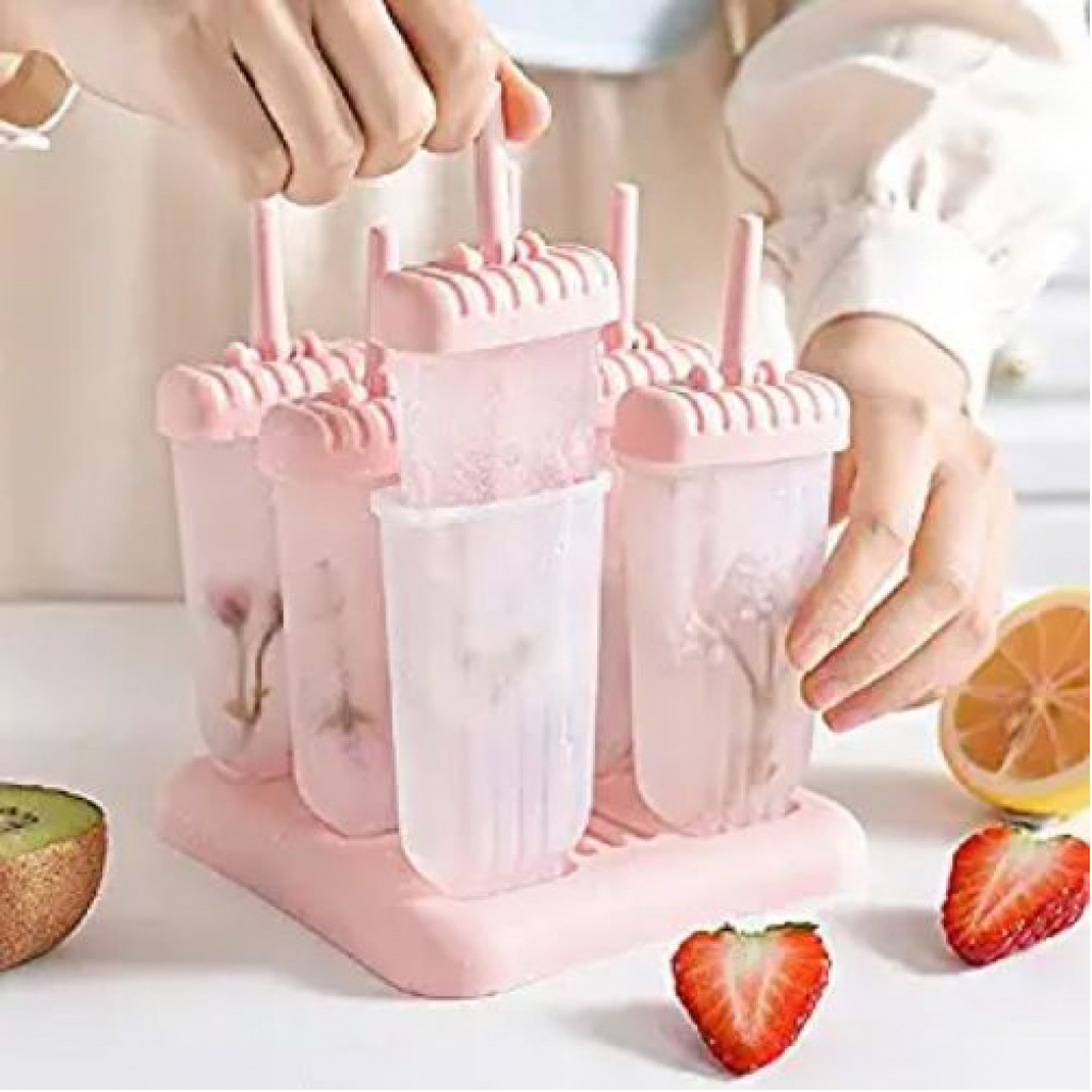 6 Ice Pop Makers, Popsicle Frozen Candy Lolly Ice Cream Moulds Tray- Pink