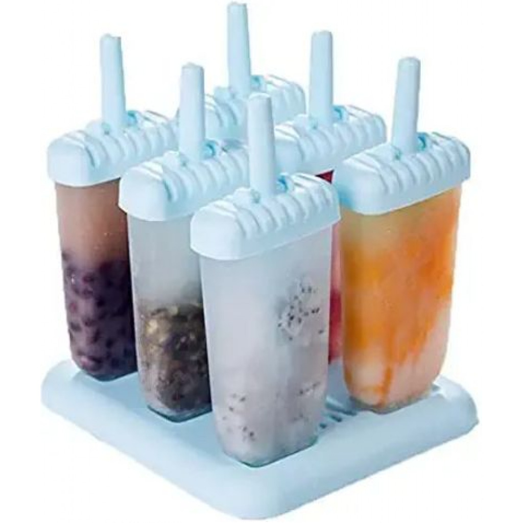 6 Ice Pop Makers, Popsicle Frozen Candy Lolly Ice Cream Moulds Tray- Blue