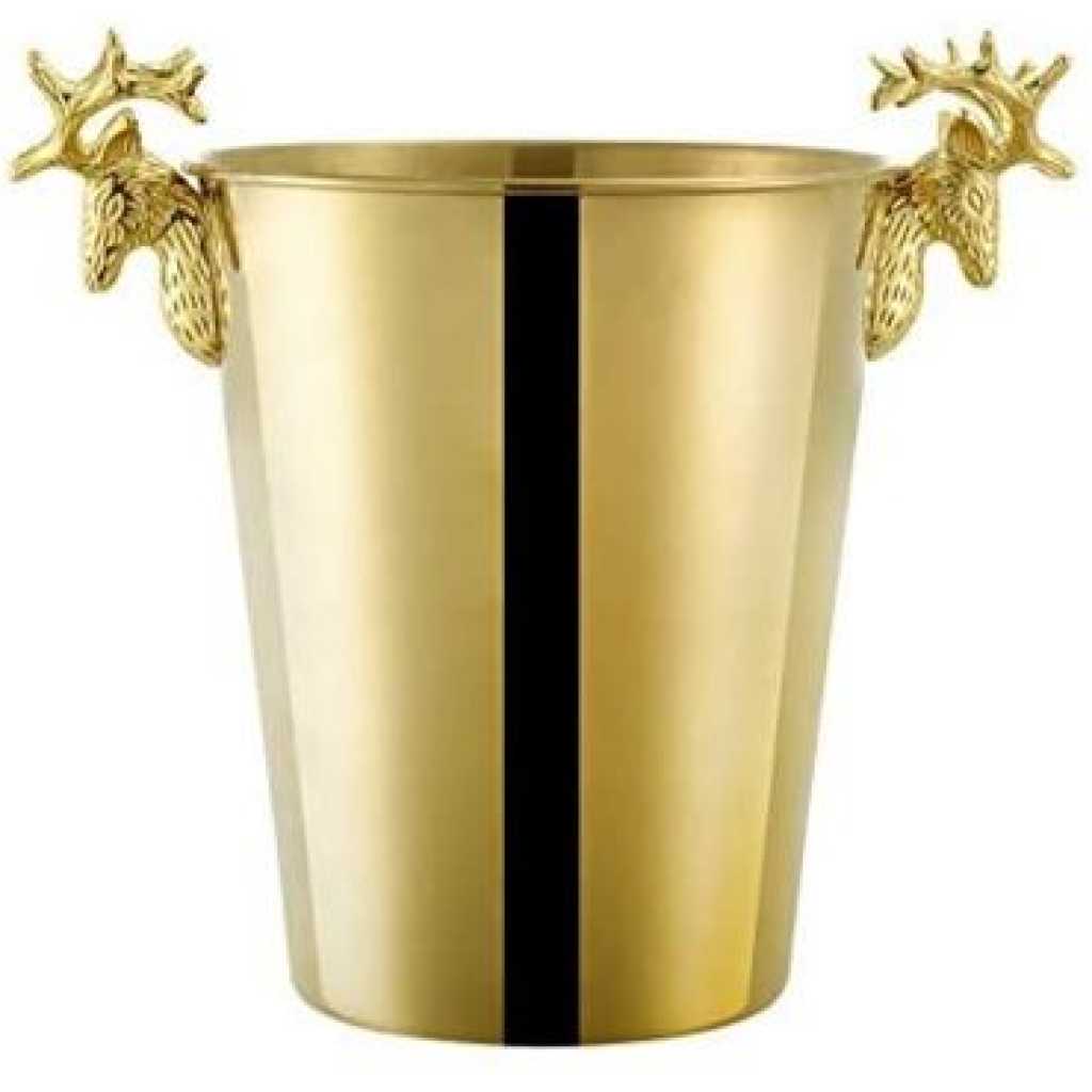 3L Champagne Wine Ice Bucket Stainless Steel With Deer Head Handles -Gold