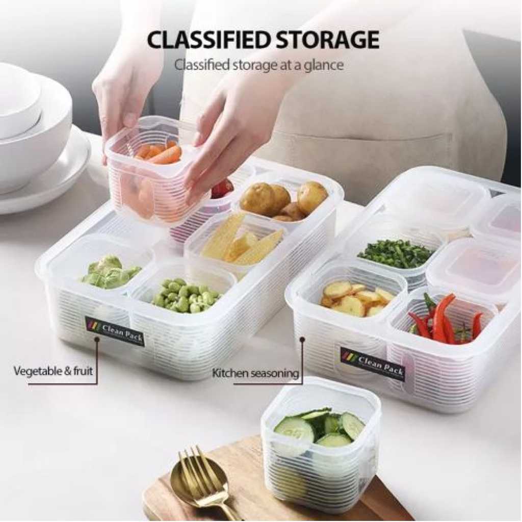 Plastic Food Storage Container With 6 Removable Tins Fridge Organizer -White