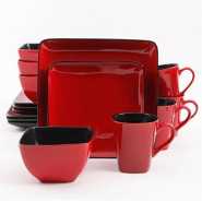 24 Piece Square Plates, Bowls, Cups Dinner Set-Red