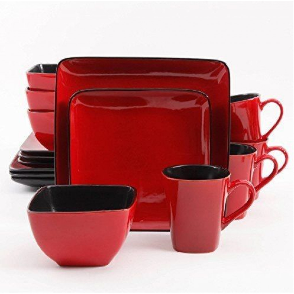 16 Piece Square Plates, Cups, Bowls Dinner Set - Red