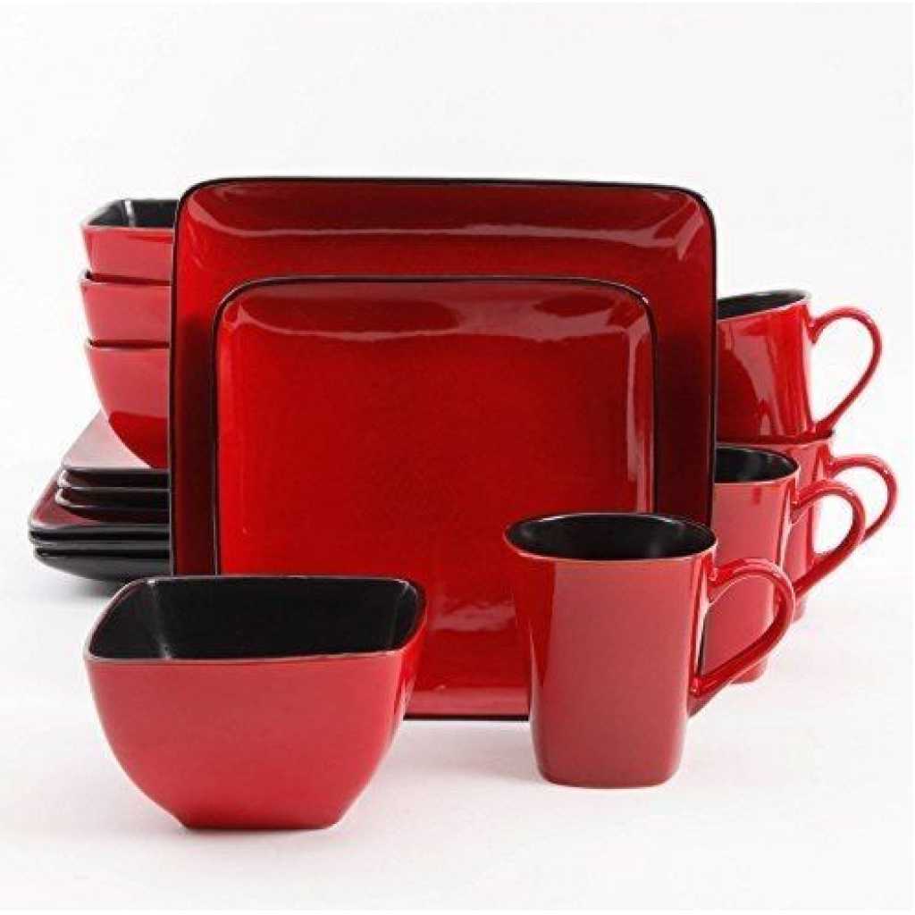 24 Piece Square Plates, Cups, Bowls Dinner Set - Red