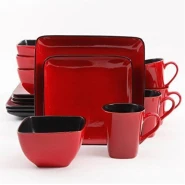 24 Piece Square Plates, Cups, Bowls Dinner Set - Red