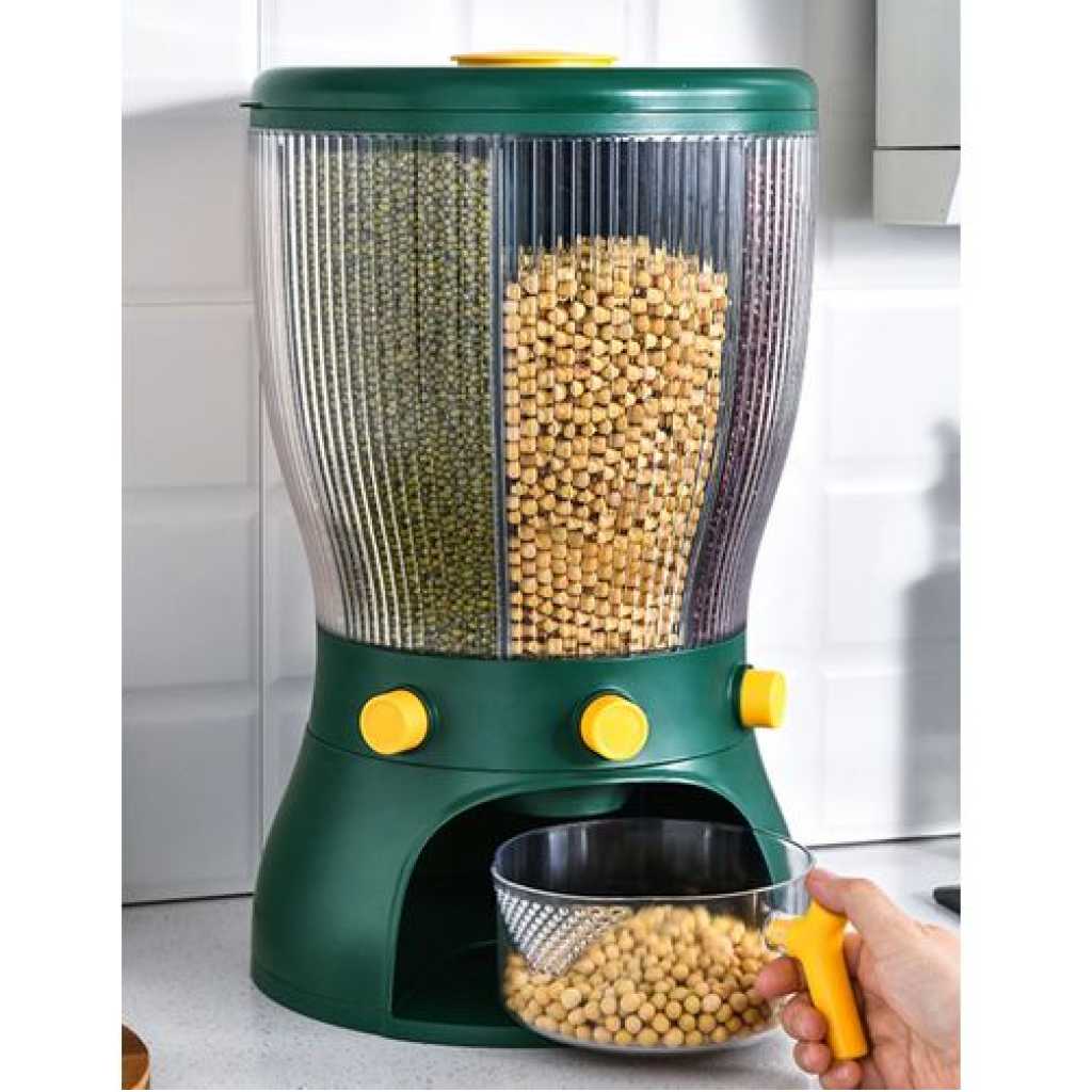 4 Grid Rotating Cereal Food Rice Bucket Storage Dispenser Box Organizer-Green