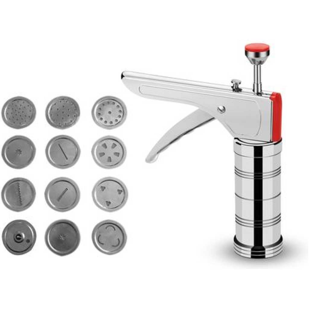 Royalford Cookie Press - Biscuit Making, 12 Sturdy Discs In Fun Shapes- Silver