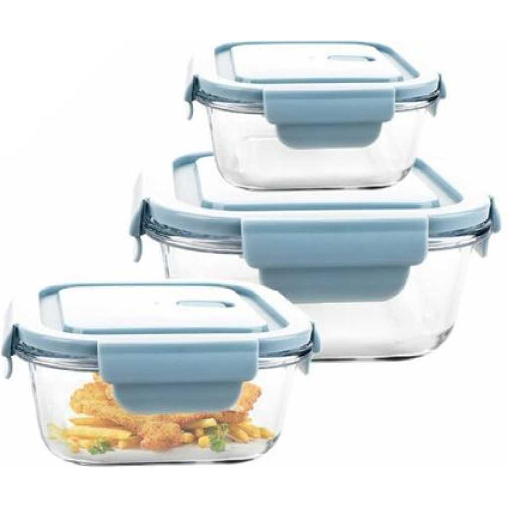 3 Piece Food Safe Microwave Oven Safe Glass Bowls Fridge Containers -Blue