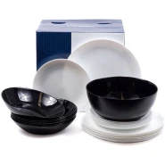 Luminarc 19 Piece Plates, Side Plates And Bowls Dinner Set, Light Black, white