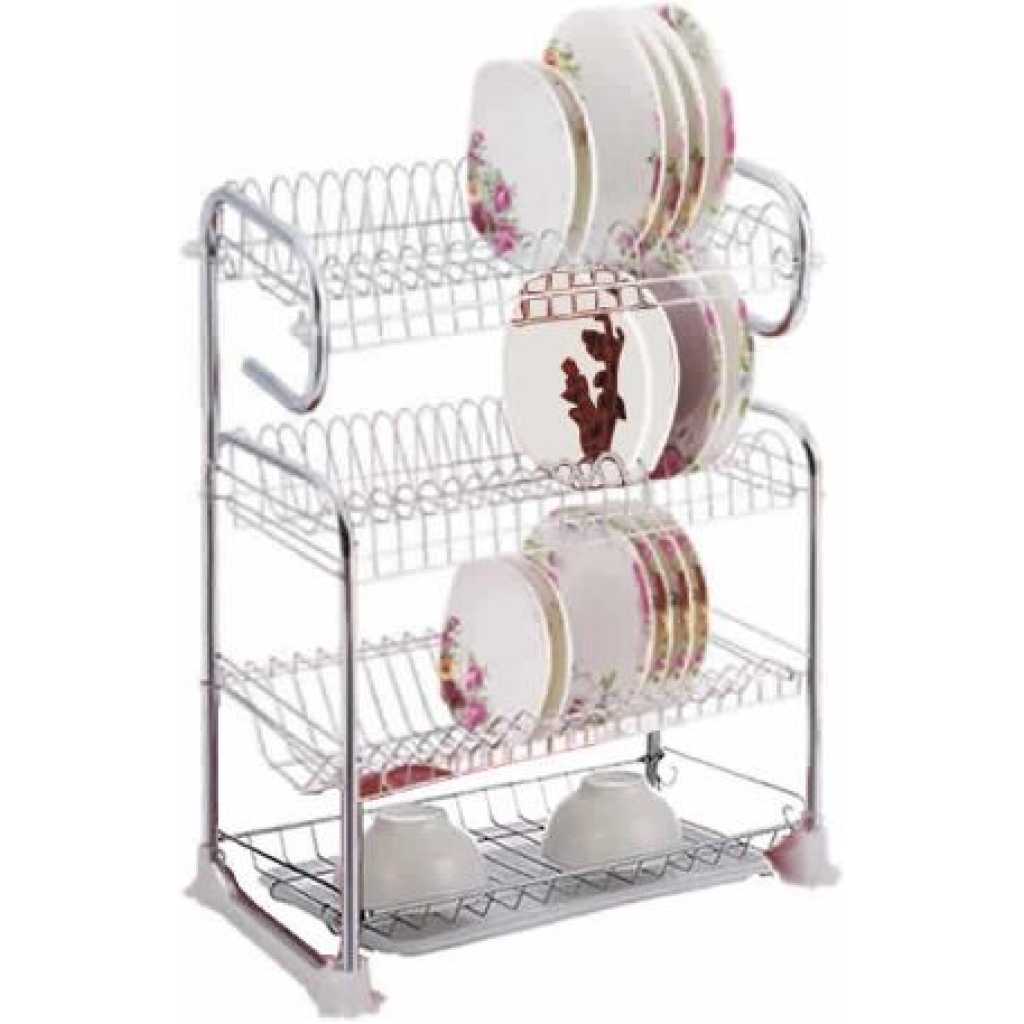 4 Tier Stainless Steel Dish Draining Storage Rack, Silver