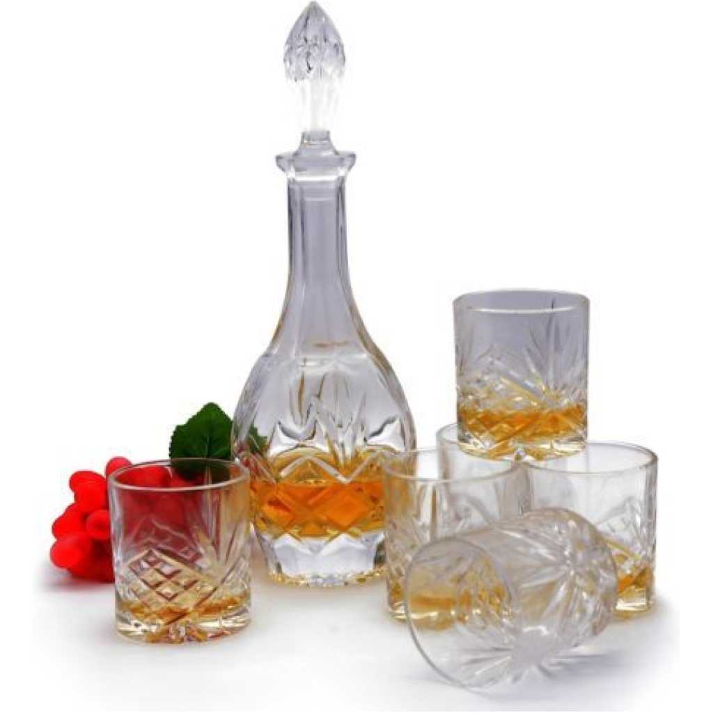 6 Piece Glasses And 1Piece Cocktail Whisky Decanter - Colourless