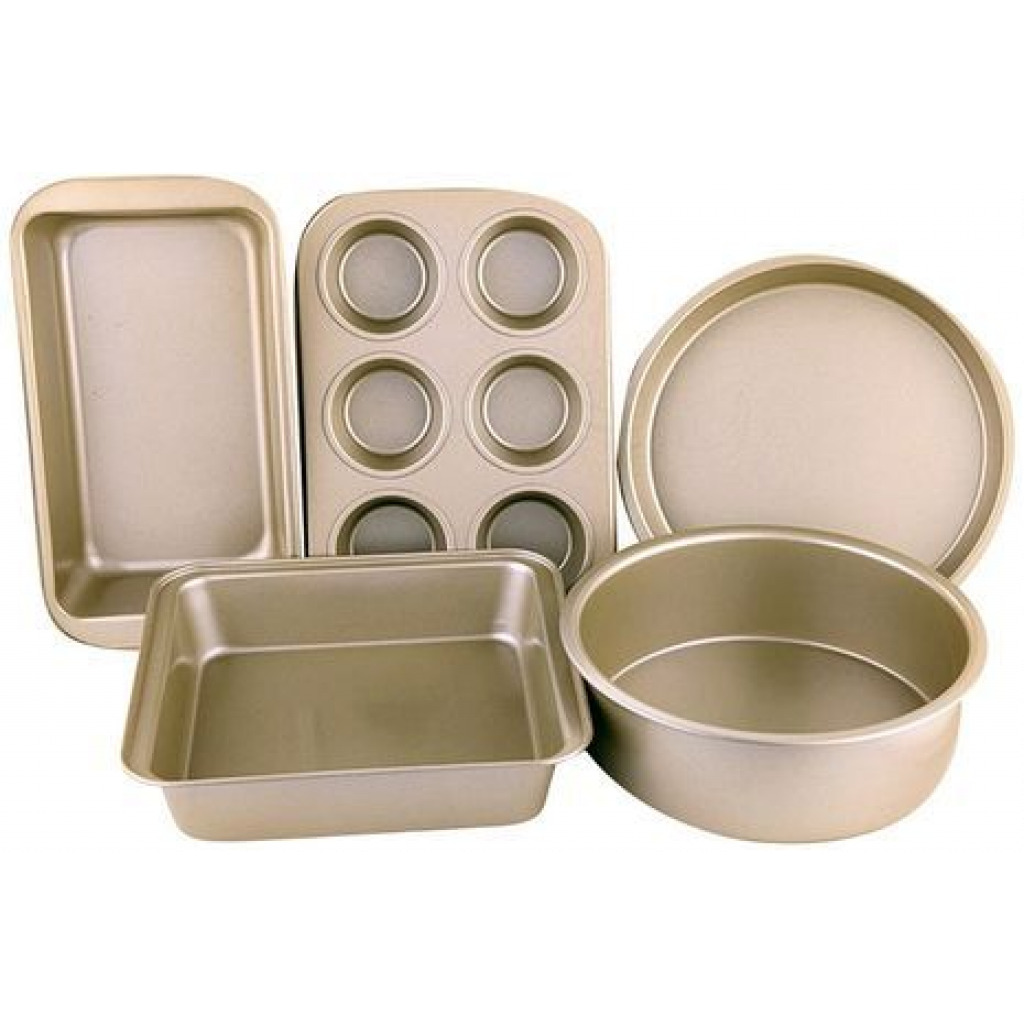 5-Piece Baking Set, Pizza Tray, Cake Mould, Toast Box, Square Plate,6-Cup Cake Mould - Gold