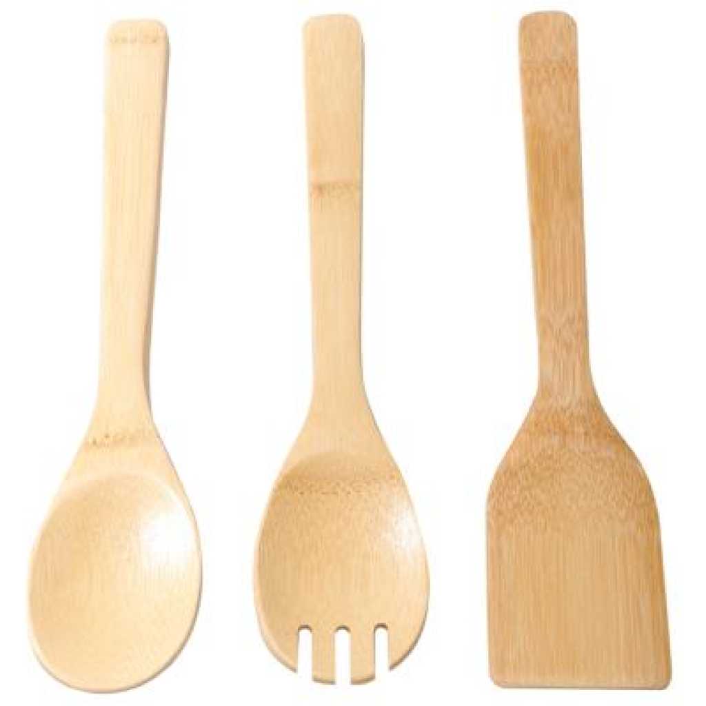 3Pcs Bamboo Kitchen Tools Set - Wooden Solid Turner, Spatula, & Slotted Spatula Kitchen